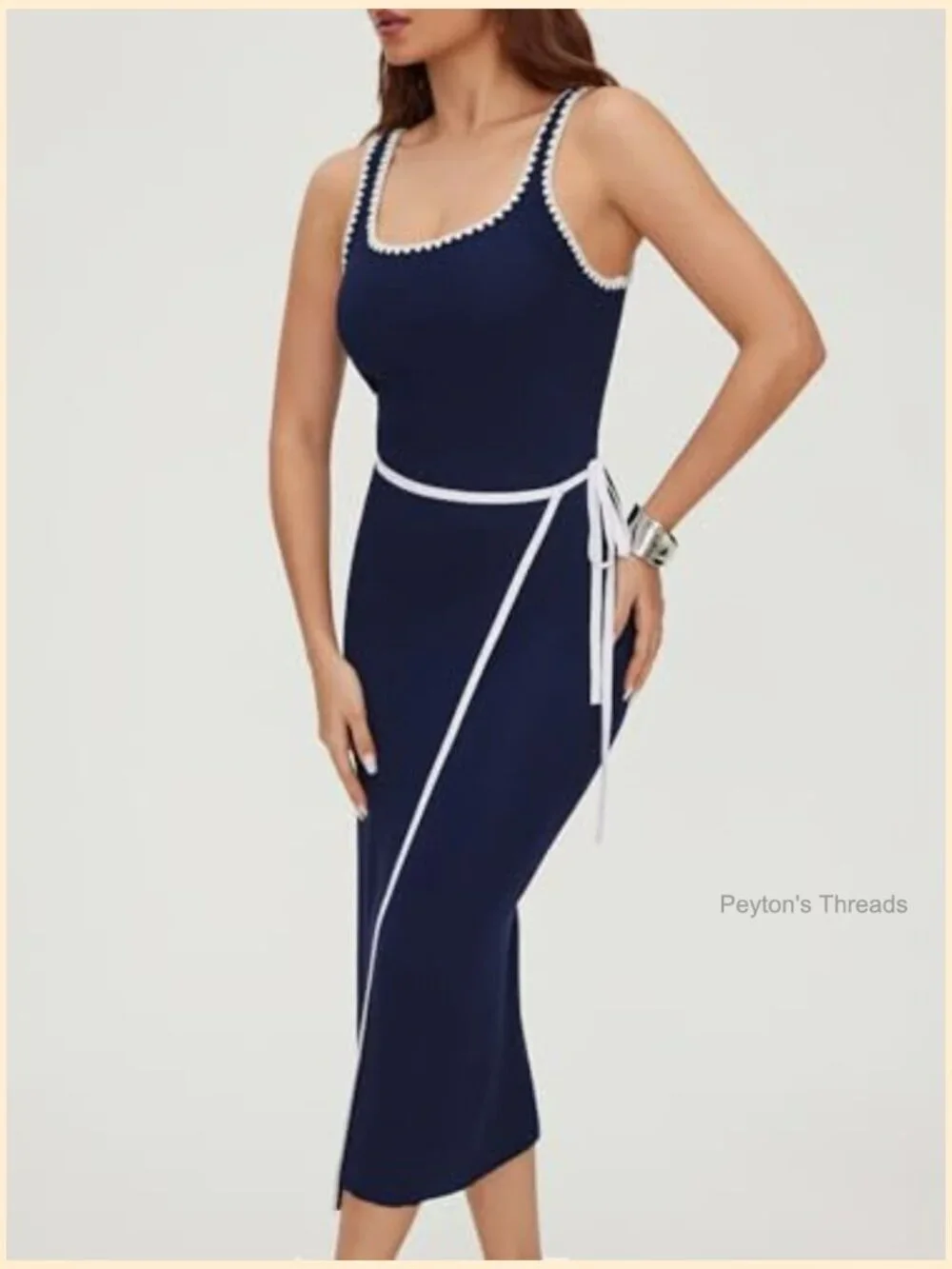 CIDER Women's Square Neck Ribbed Knit Midi Bodycon Dress with Tie Waist